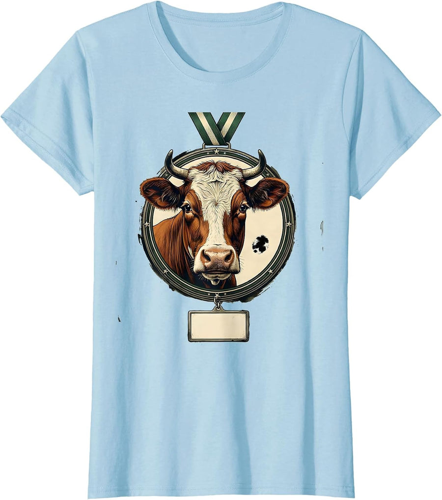 Women's Cow Medallion Vintage Funny Cow Lover Novelty T-Shirt - Baby Blue