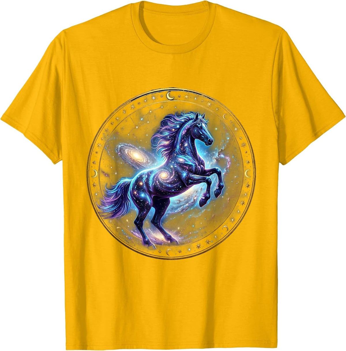 Wild Horse Galloping Through Open Field Design T-Shirt - Golden Yellow