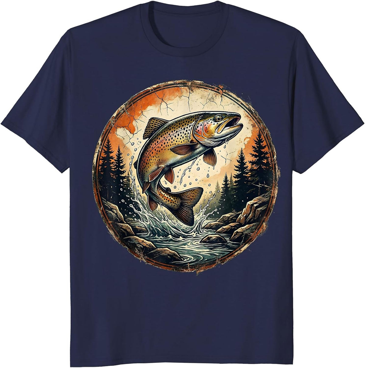 Leaping Brook Trout Forest Stream Fishing Graphic T-Shirt - Navy Blue