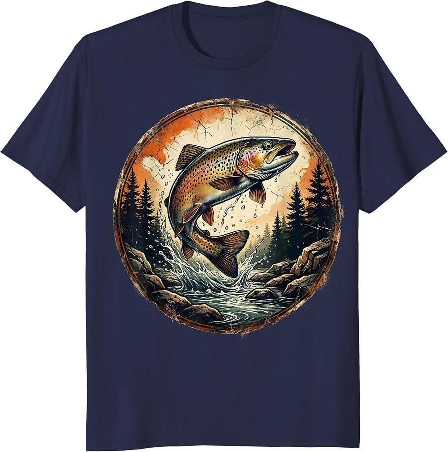 Leaping Brook Trout Forest Stream Fishing Graphic T-Shirt - Navy Blue
