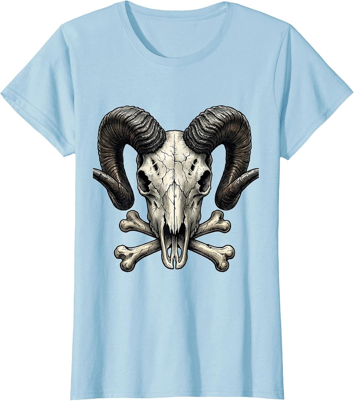 Horned Ram Skull Iron Horns Metal Graphic T-Shirt - Baby Blue