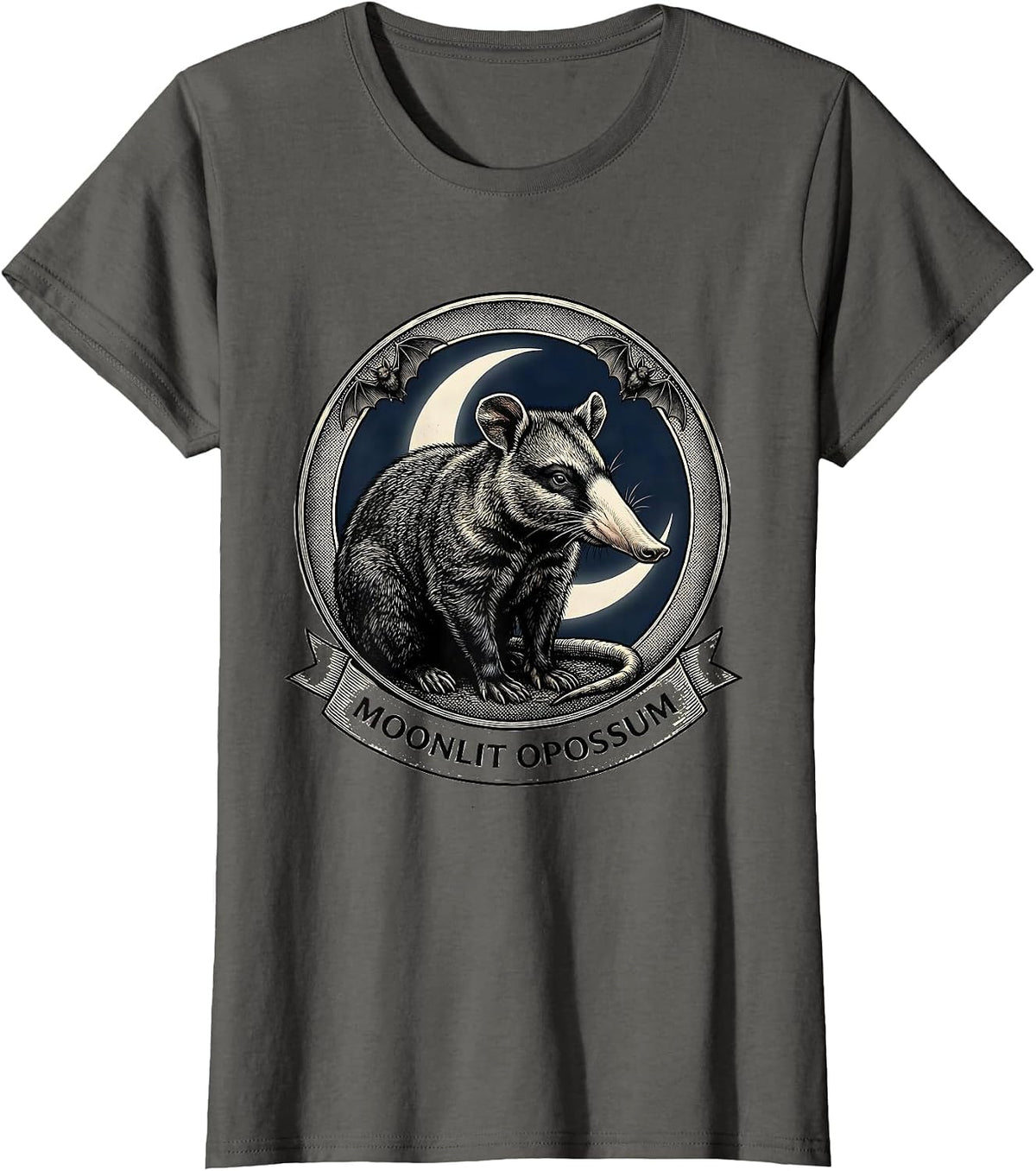 Women's Moonlit Opossum Vintage Gothic Halloween Spooky Moon Novelty T-Shirt - Asphalt Grey