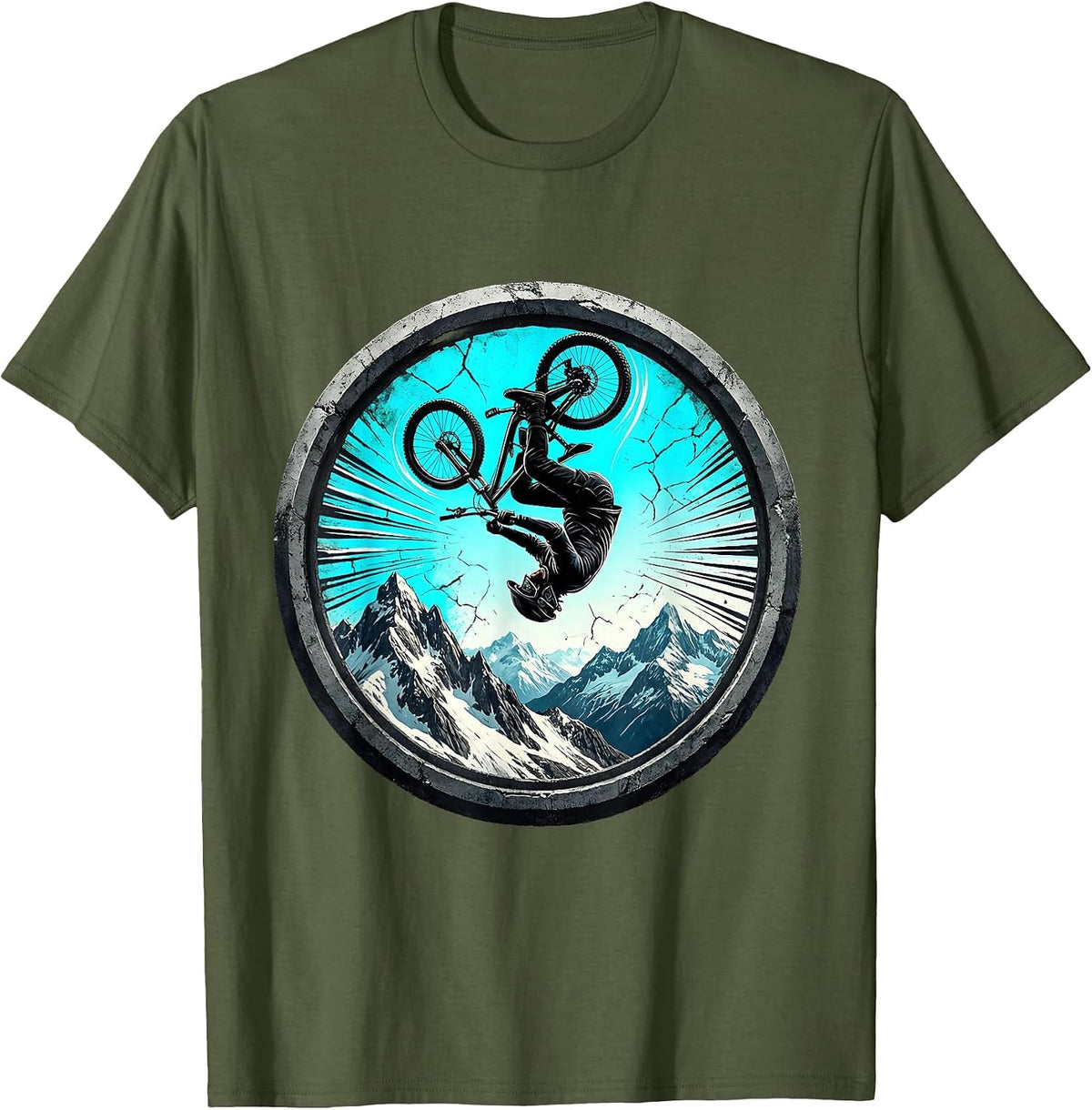 Mountain Bike Backflip Snowy Peaks Graphic T-Shirt - Olive Green