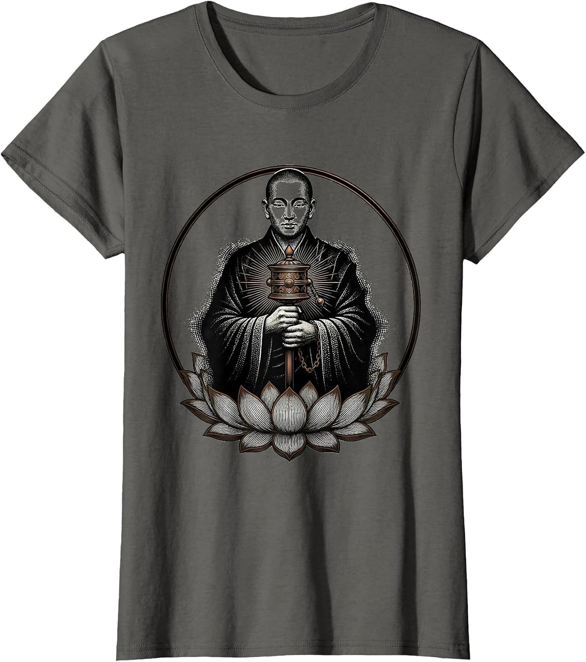 Women's Tibetan Monk with Prayer Wheel Illustration T-Shirt - Asphalt Grey