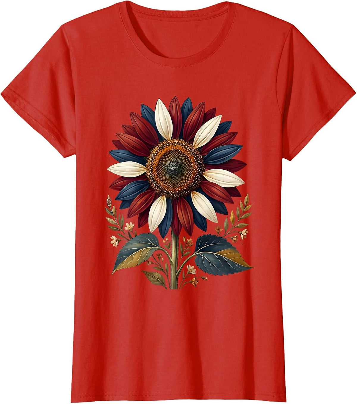 Women's Red White and Blue Sunflower Patriotic Design T-Shirt - Red
