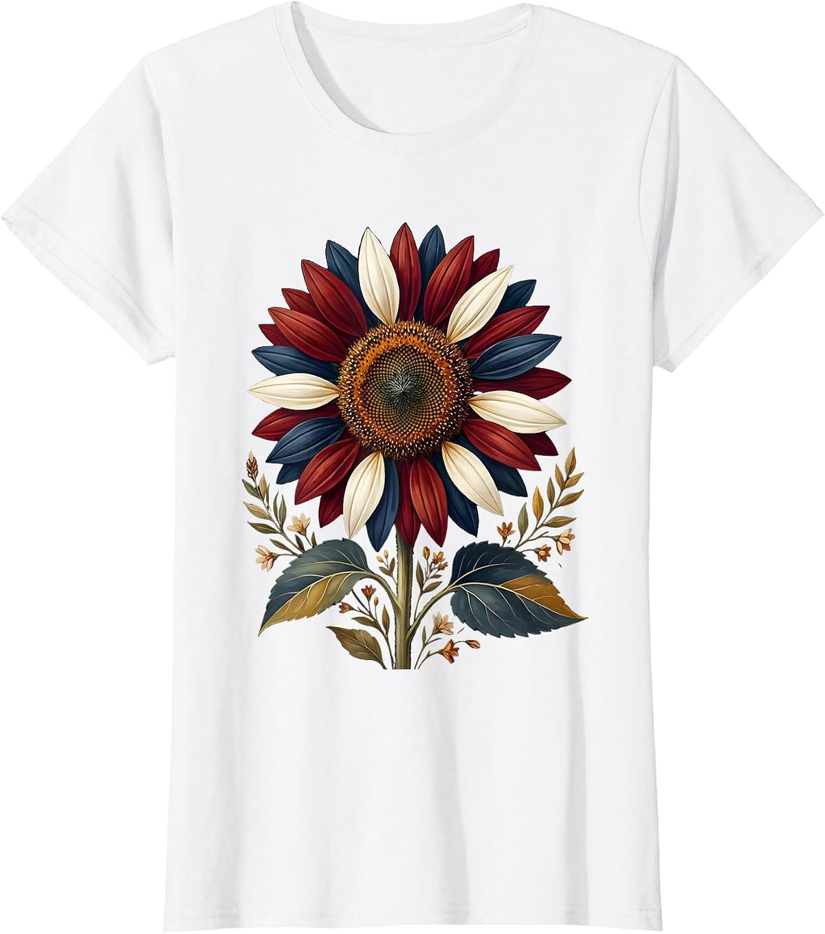 Women's Red White and Blue Sunflower Patriotic Design T-Shirt - White