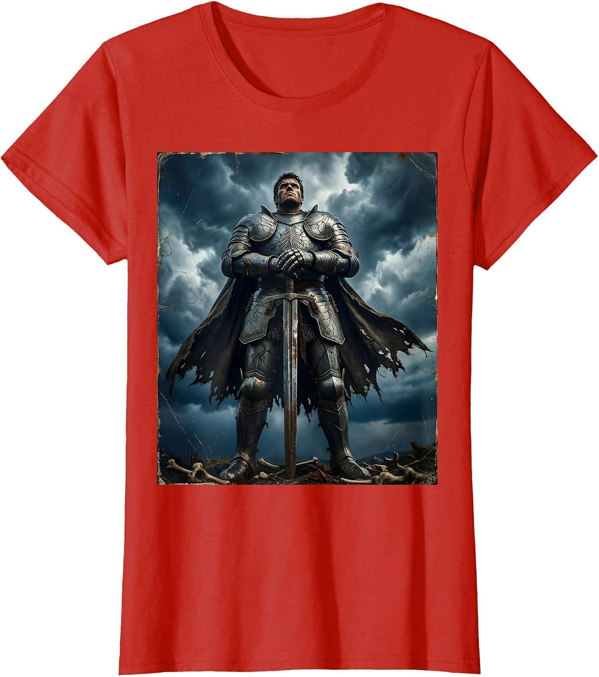 Ancient Warrior Standing Tall Against Dark Clouds T-Shirt - Red