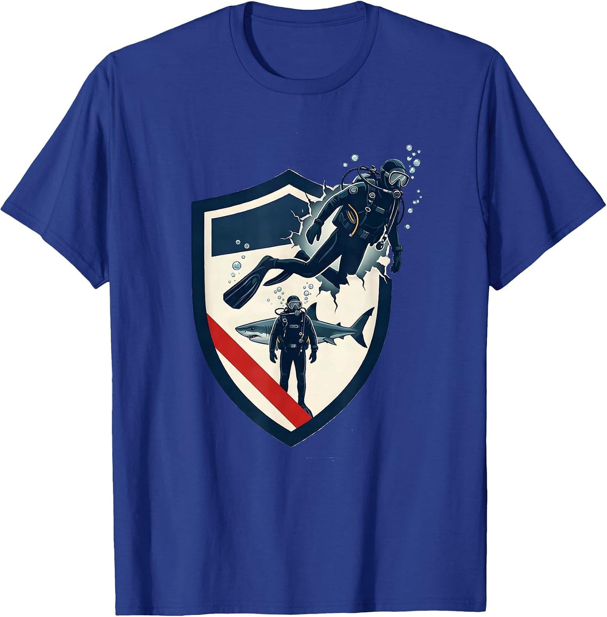 Men's Scuba Diver Shield Emblem Shark Dive Buddy Vintage Humor T-Shirt - Royal Blue