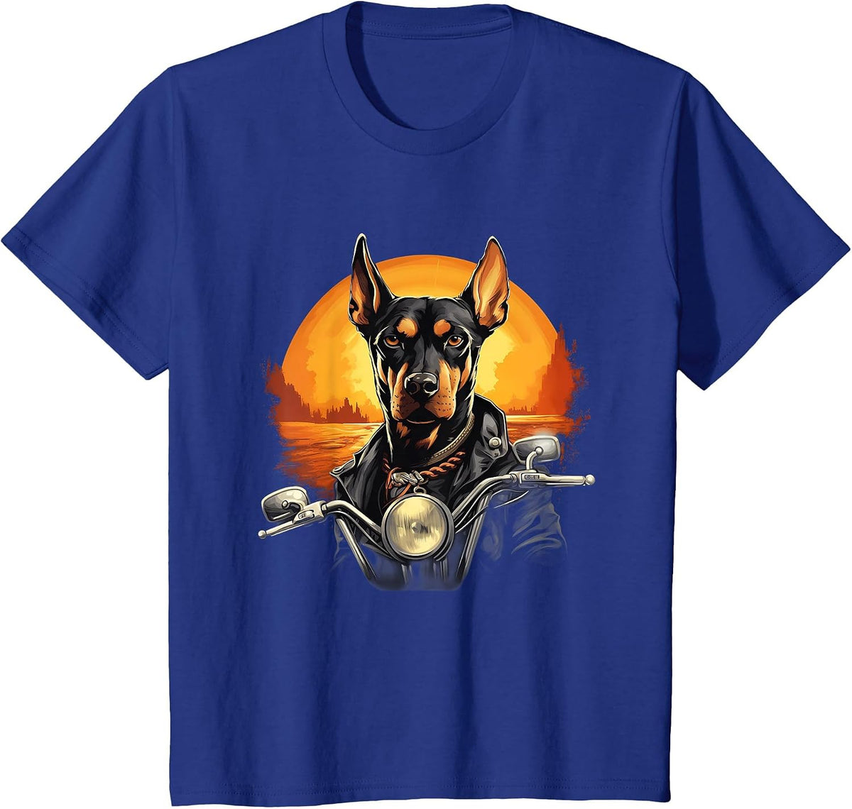 Biker Doberman Pinscher Dog Riding Motorcycle T-Shirt - Royal Blue