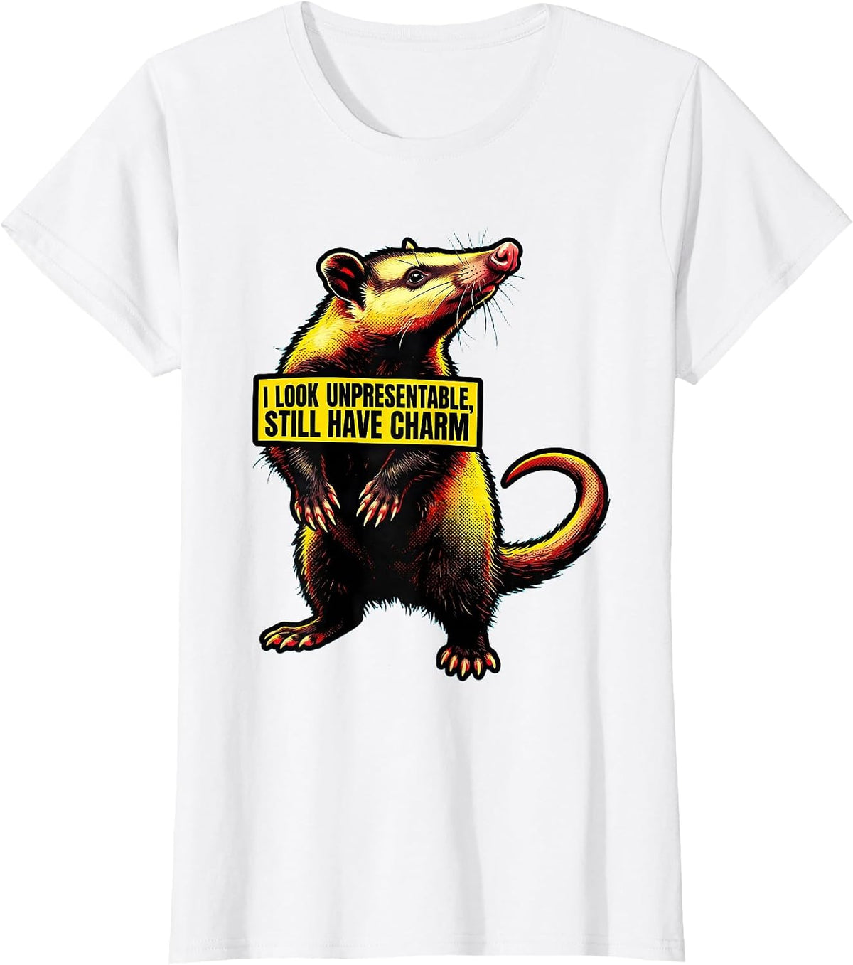 I Look Unpresentable, Still Have Charm Pop Art Opossum Meme T-Shirt - White