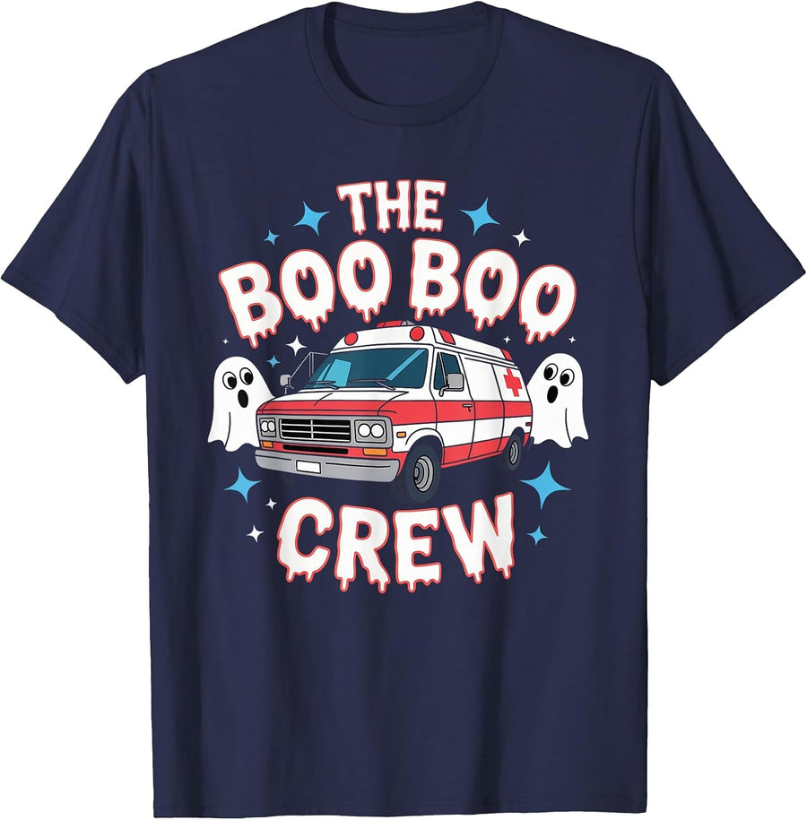 EMT Paramedic EMS Boo Boo Crew Ambulance Ghost Halloween T-Shirt - Navy Blue