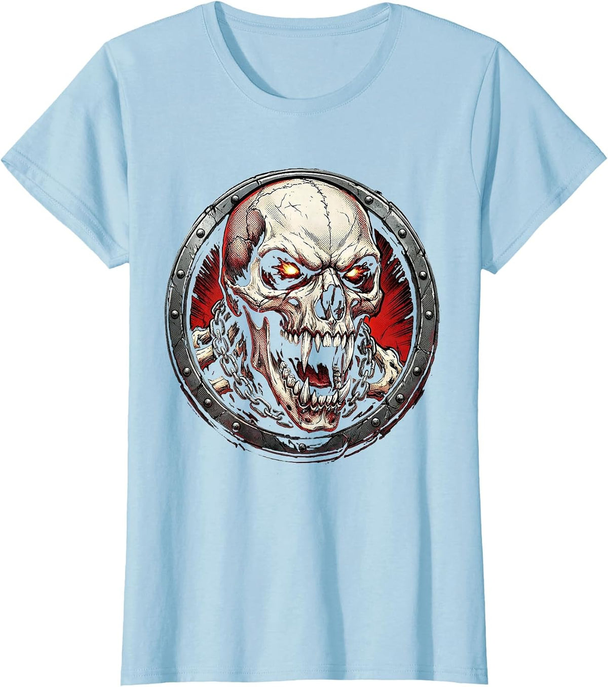 Halloween Growling Beast Skull Chain Collar Graphic T-Shirt - Baby Blue