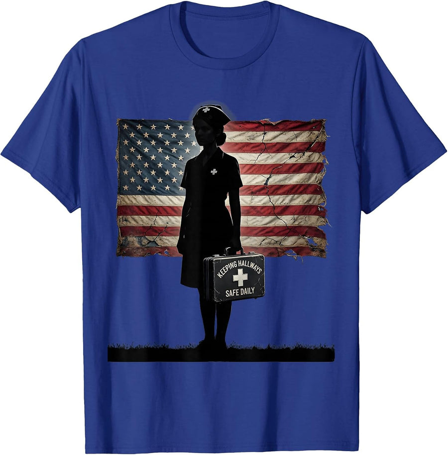 Keeping Hallways Safe Daily School Nurse Design T-Shirt - Royal Blue