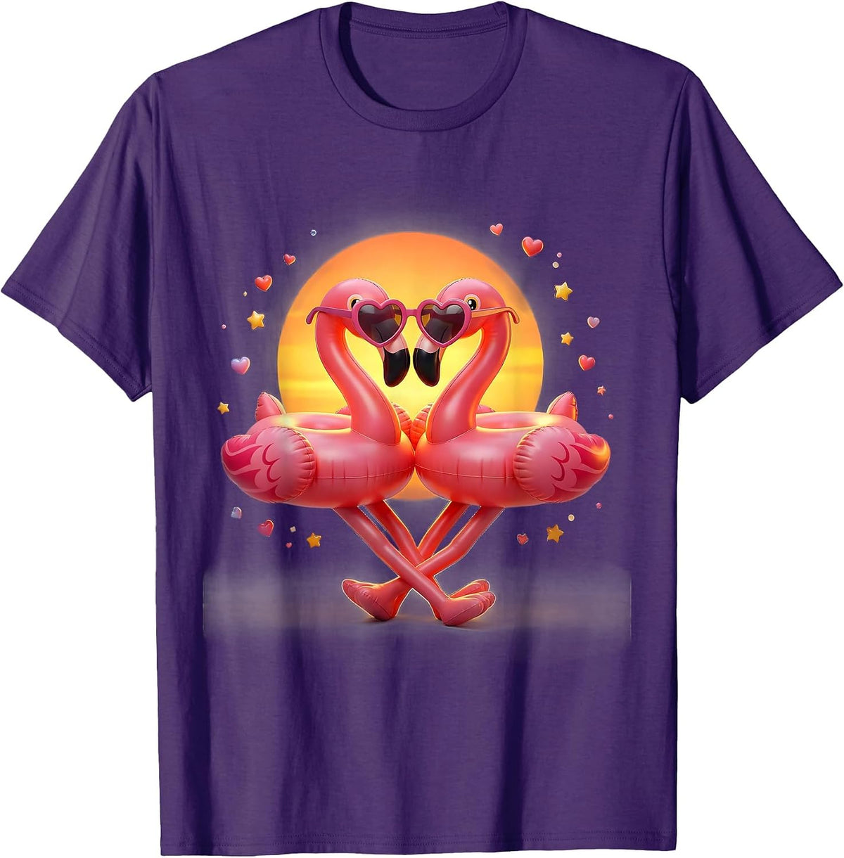 Pink Flamingo Heart Sunglasses Summer Vacation Party T-Shirt - Purple