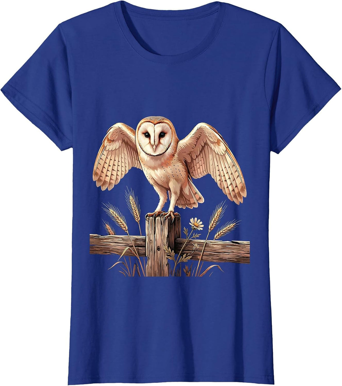 Women's Barn Owl Perched on Fence Post Illustration T-Shirt - Royal Blue
