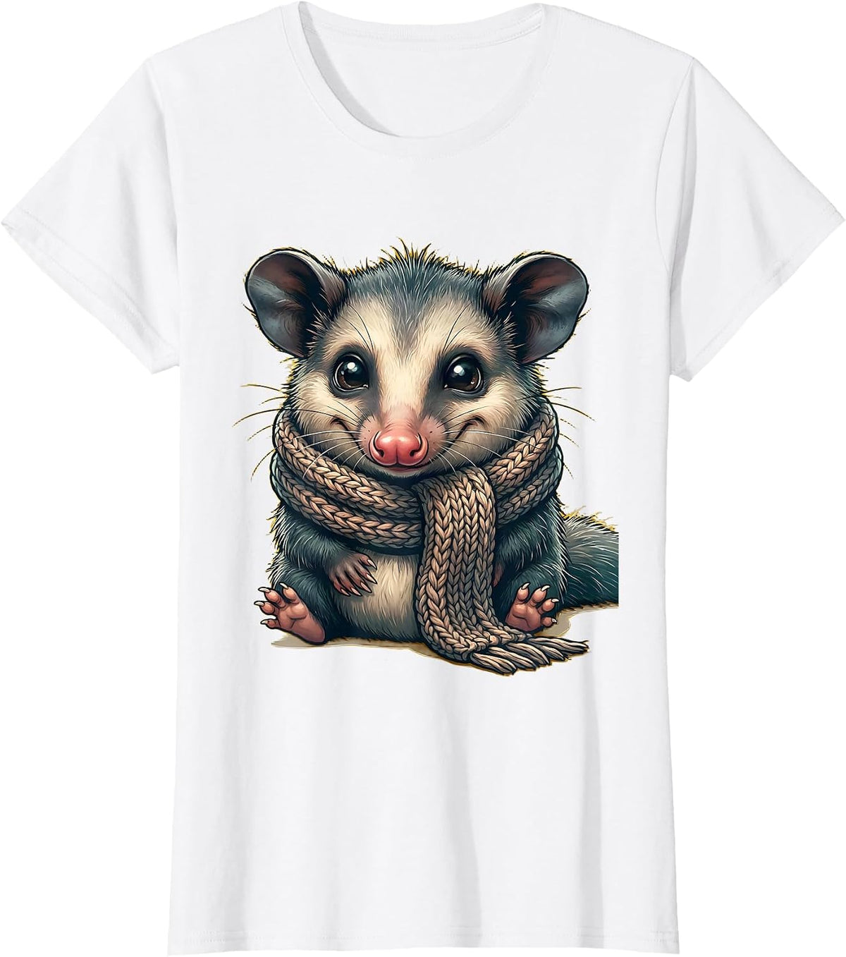 Cozy Opossum Wrapped in Knitted Scarf Graphic T-Shirt - White