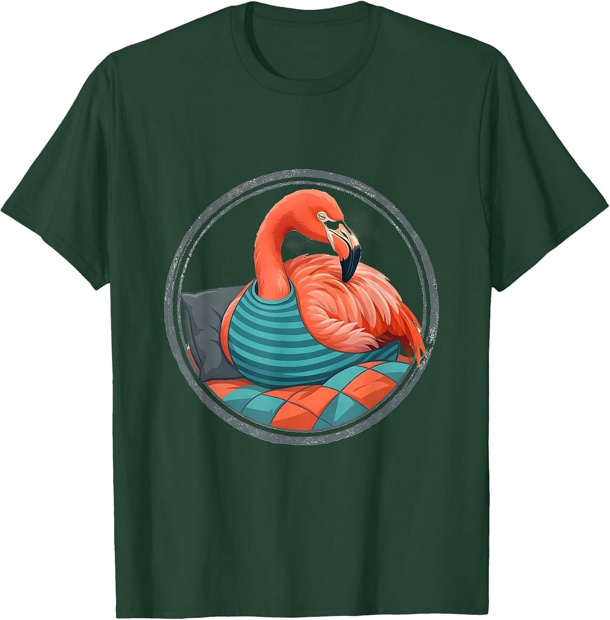 Seated Flamingo Pajama Top Cozy Animal Humor T-Shirt - Dark Green