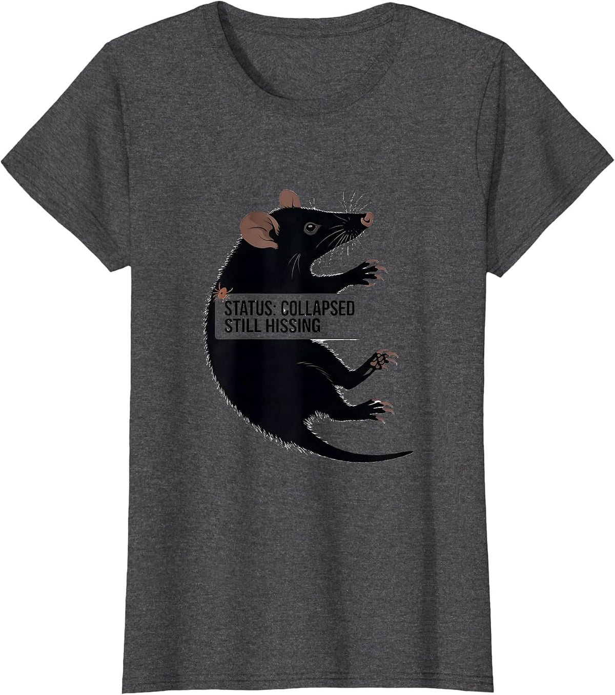 Women's STATUS: COLLAPSED, STILL HISSING Funny Opossum Meme Animal T-Shirt - Dark Heather Grey