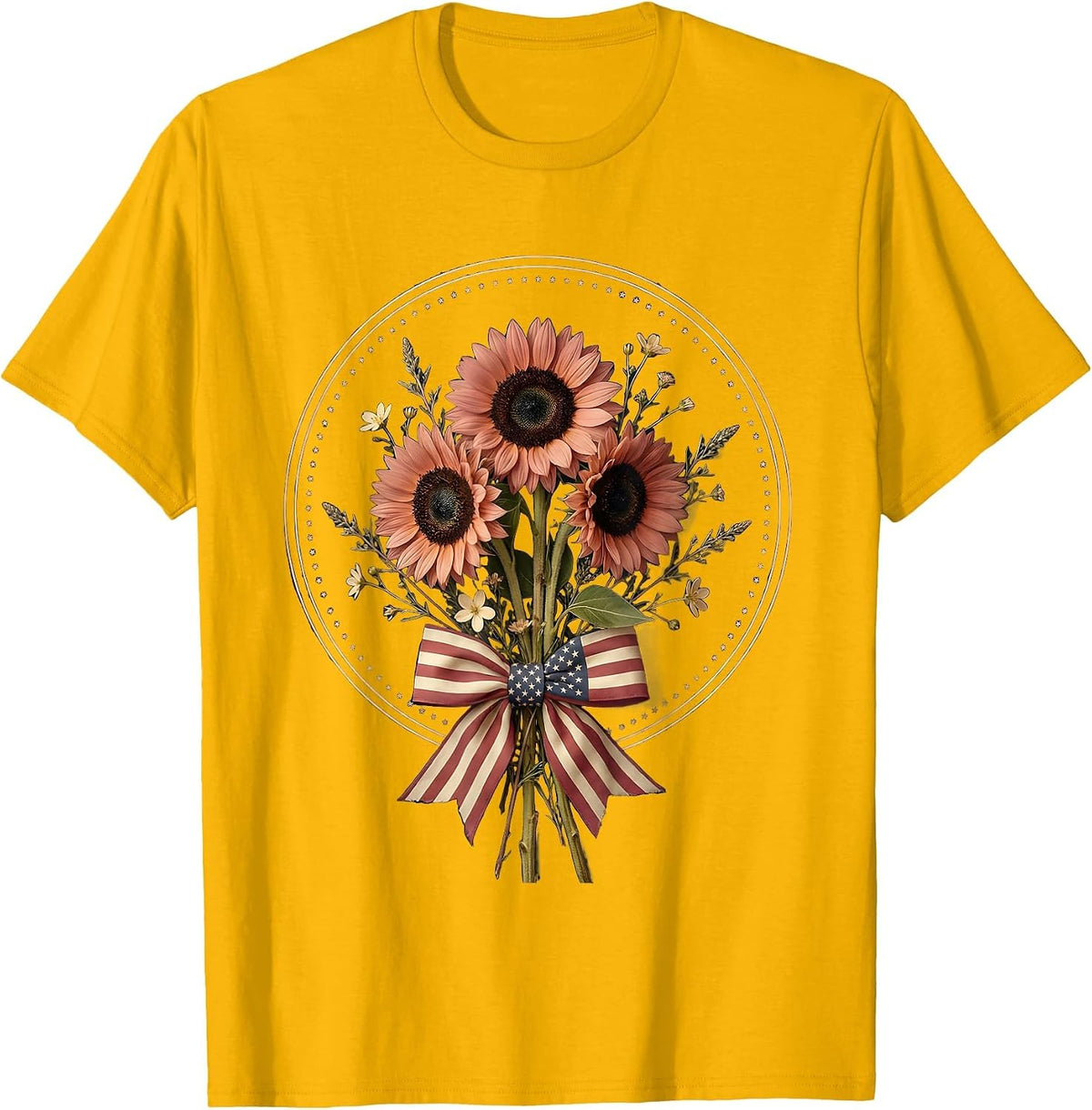 Sunflower Bouquet American Flag Patriotic Design T-Shirt - Golden Yellow