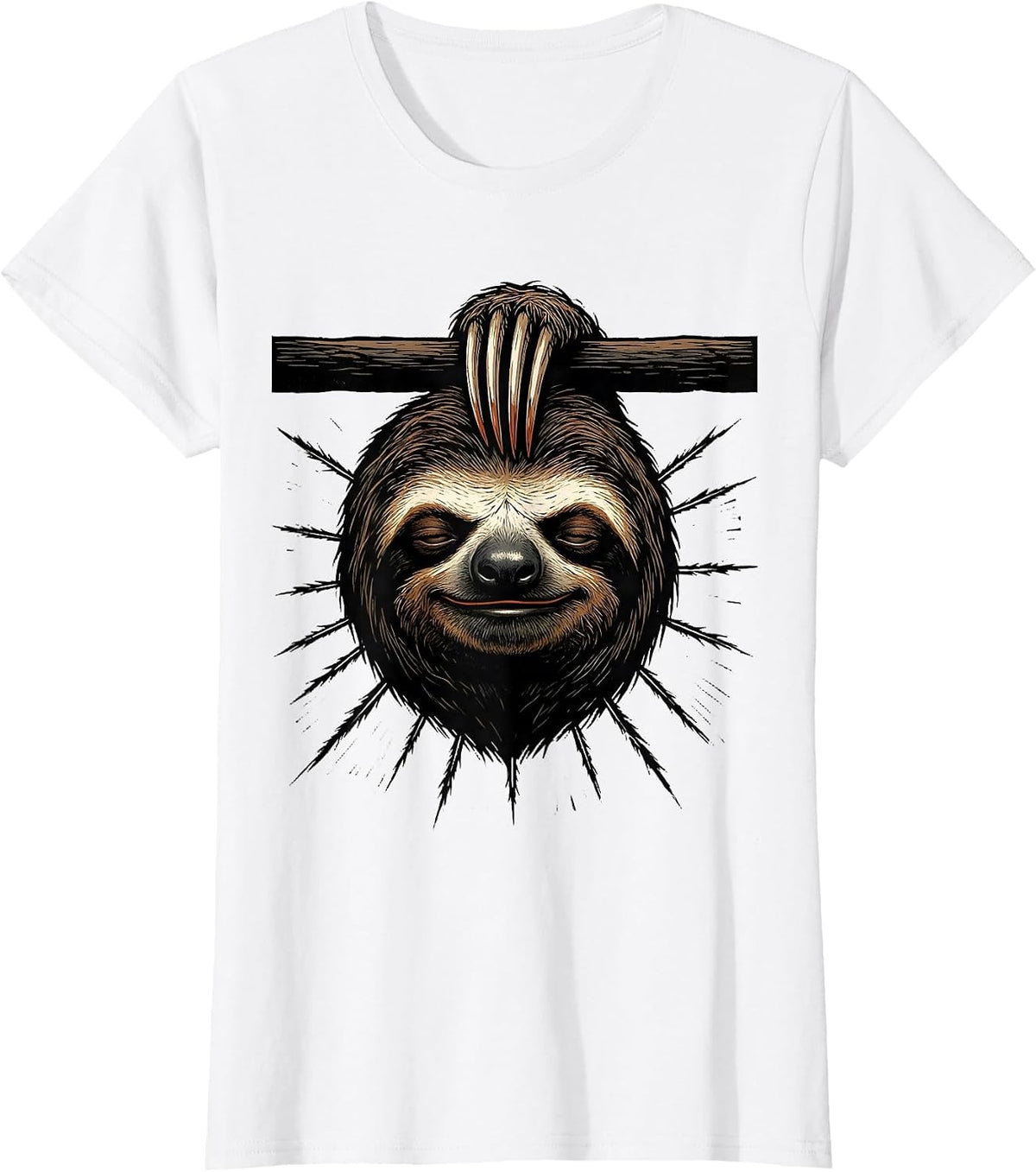 Women's Oversized Sloth Linocut Funny Animal Lover Humor T-Shirt - White