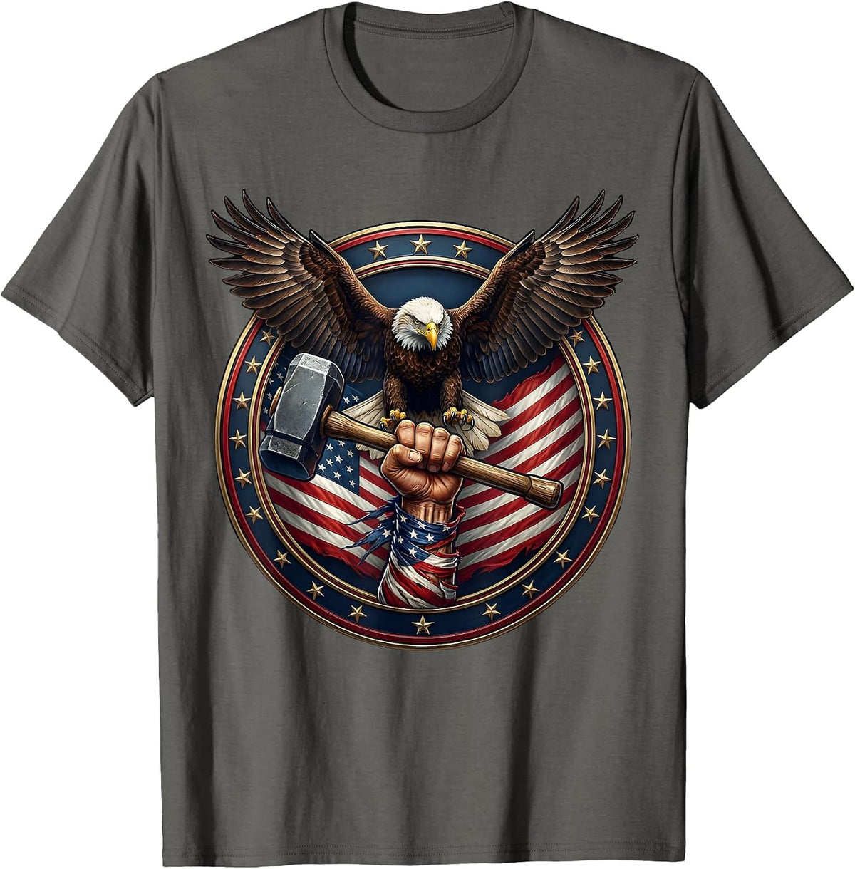 Patriotic Strength Muscular Arm Hammer US Flag Design T-Shirt - Asphalt Grey