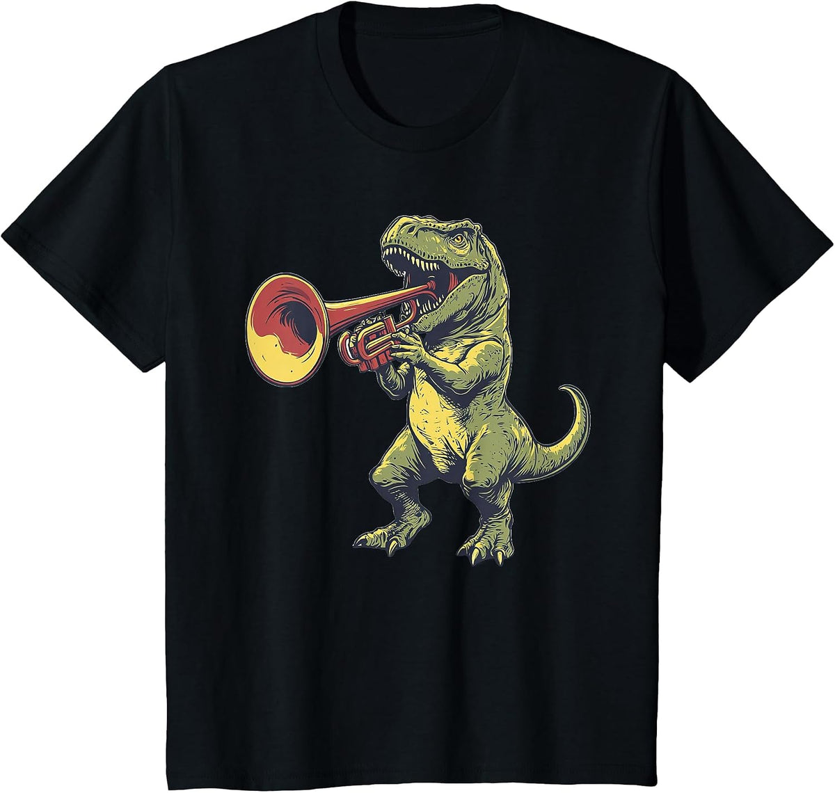 T-Rex Dinosaur Playing Trumpet Musician Music T-Shirt - Black