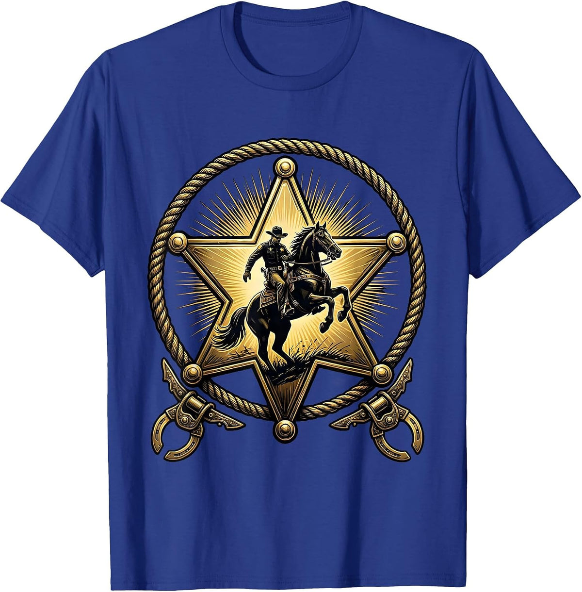 Men's Lone Sheriff Riding Horse at Sunset Western T-Shirt - Royal Blue