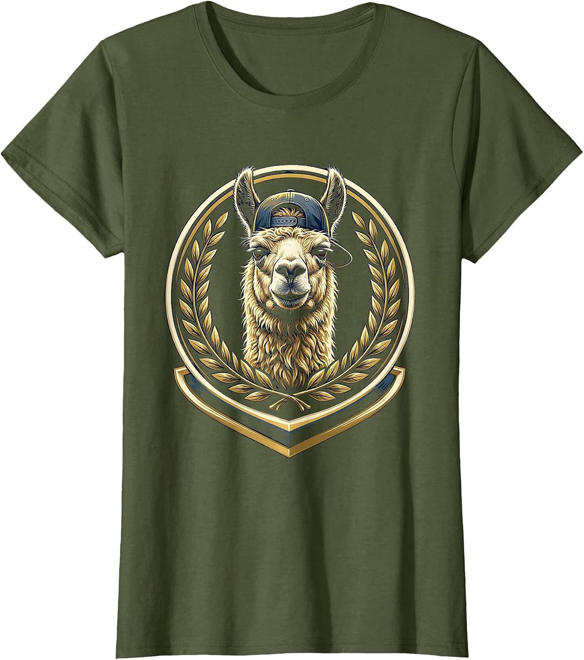 Women's Funny Llama Wearing Backwards Baseball Cap T-Shirt - Olive Green