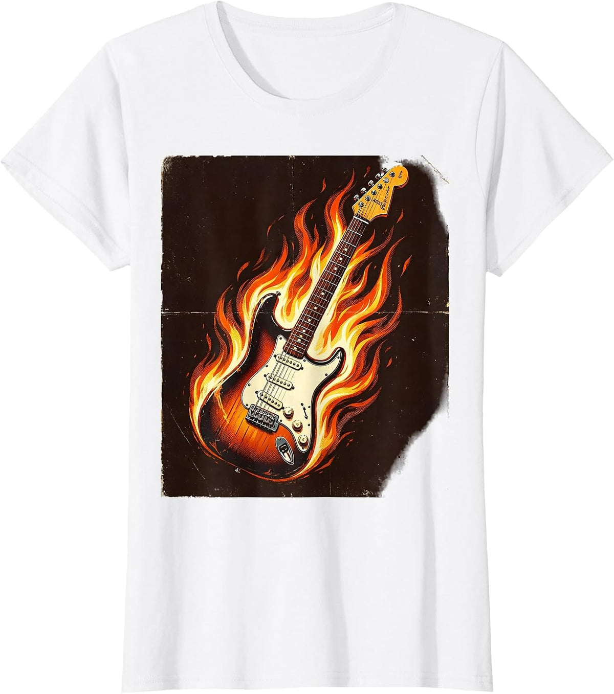 Flaming Electric Guitar 80s Rock Band Graphic T-Shirt - White