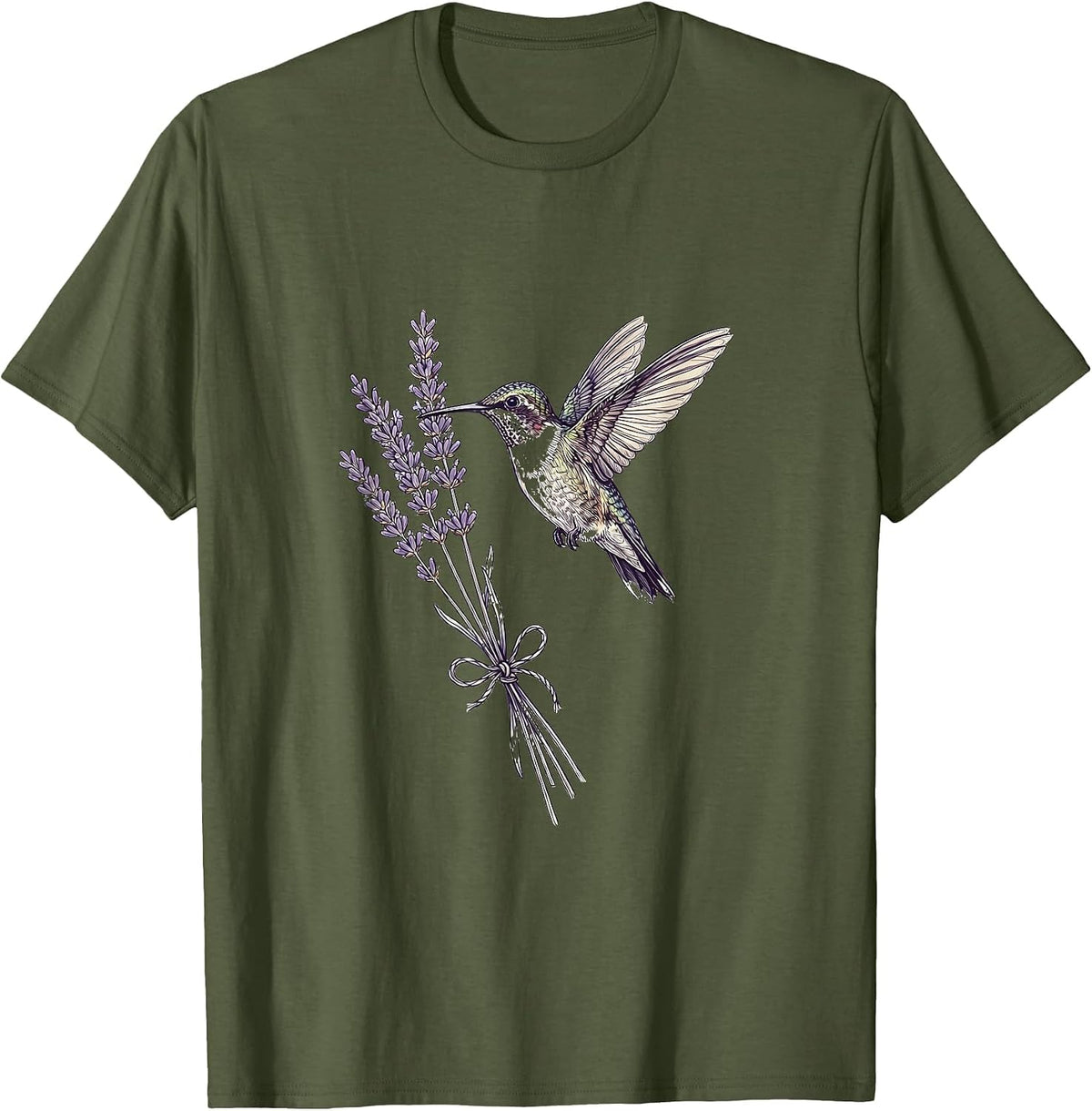 Men's Hummingbird Lavender Bouquet Floral Aesthetic T-Shirt - Olive Green