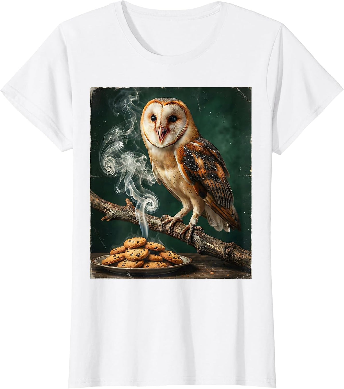 Women's Owl Sniffing Cookie Smoke Funny Halloween Graphic T-Shirt - White