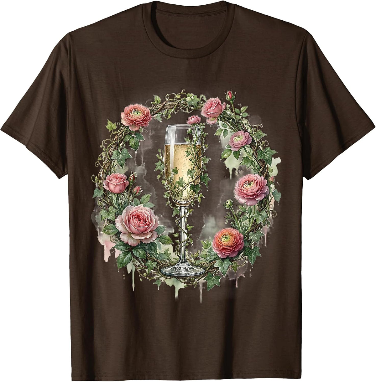 Floral Derby Champagne Flute Climbing Vines T-Shirt - Brown