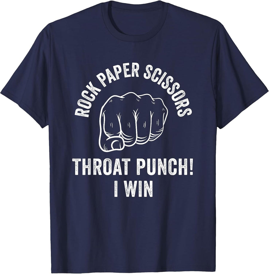 Mens Rock Paper Scissors Throat Punch Sarcastic Design T-Shirt - Navy Blue