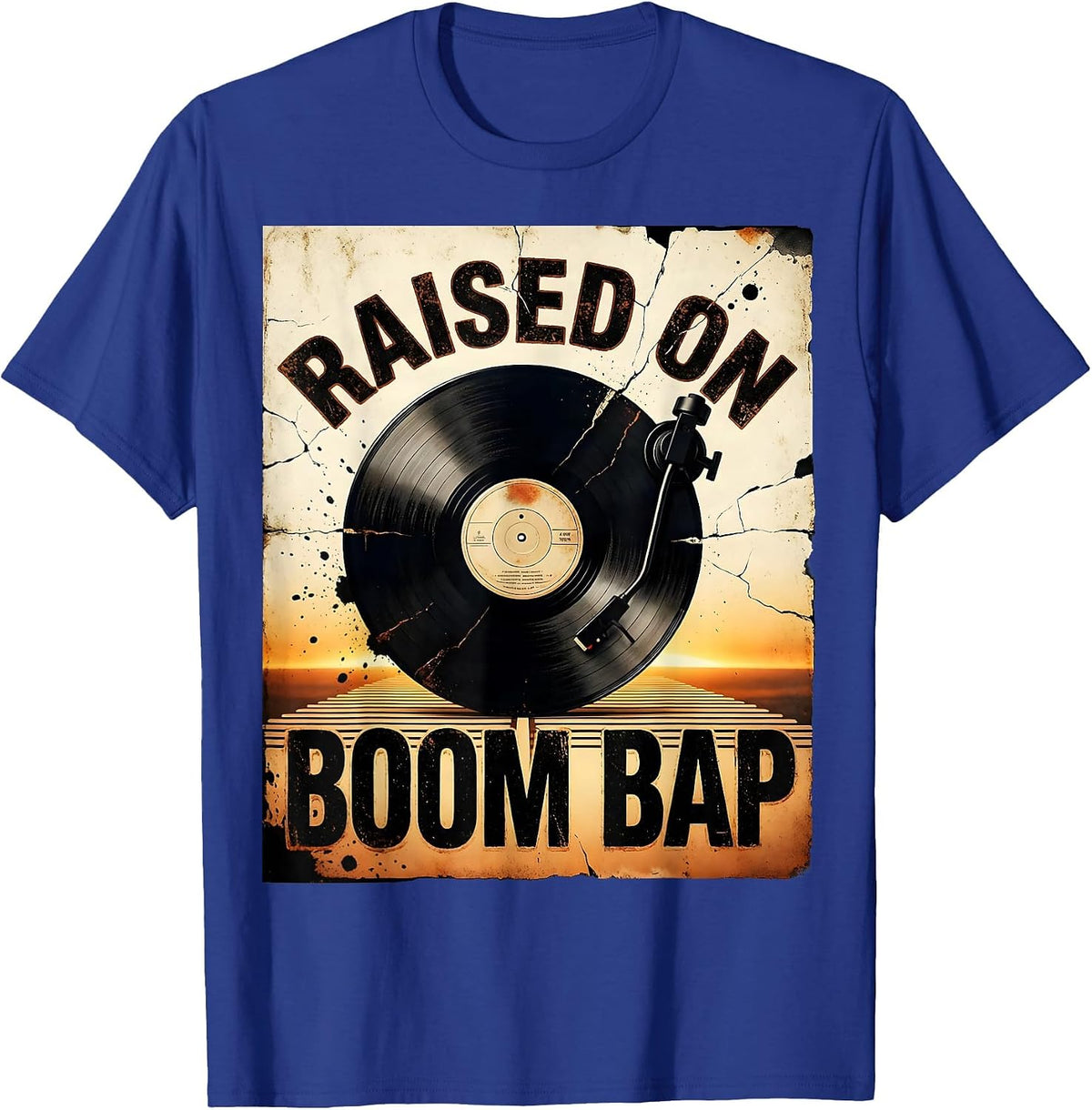 Men's Raised On Boom Bap Distressed Old School Hip Hop Retro T-Shirt - Royal Blue
