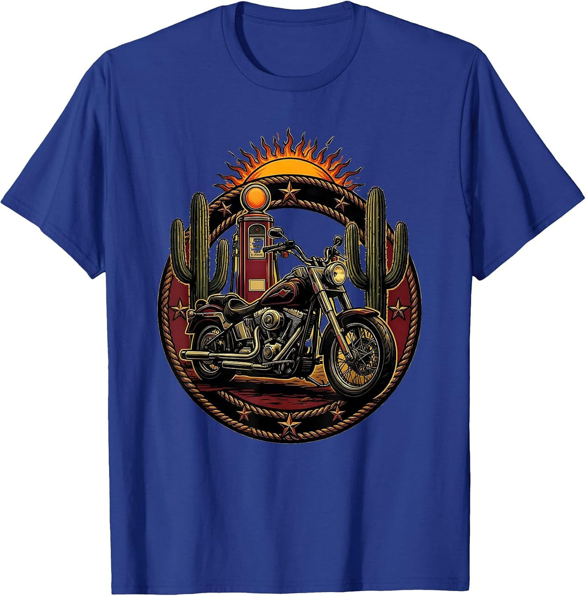 Vintage Motorcycle Desert Gas Pump Graphic T-Shirt - Royal Blue