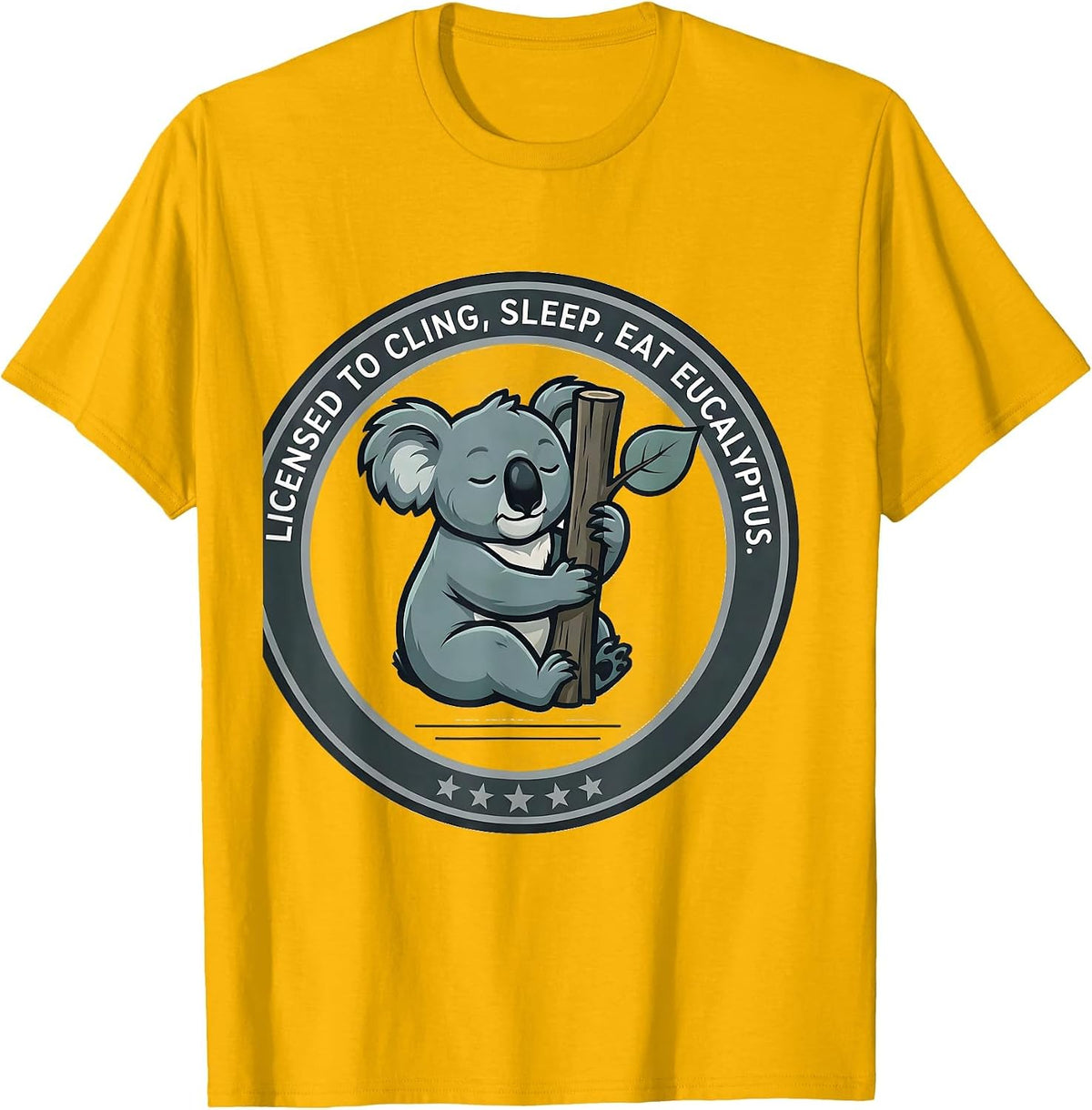 Licensed To Cling, Sleep, Eat Eucalyptus Funny Koala Lover T-Shirt - Golden Yellow