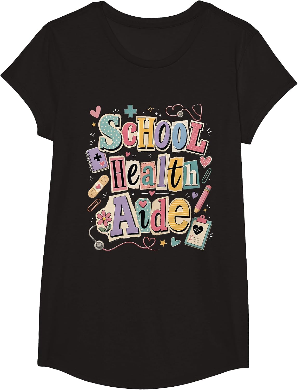 School Health Aide Back to School Retro Healthcare Worker T-Shirt - Girls Black