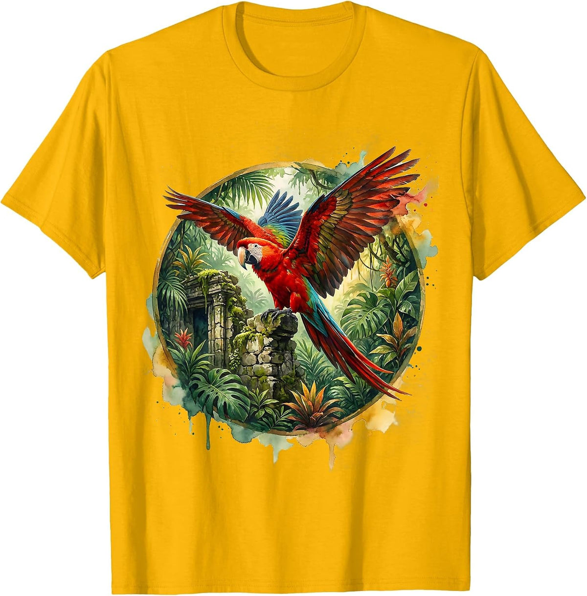 Macaw on Mossy Ruins Hispanic Heritage Month T-Shirt - Golden Yellow