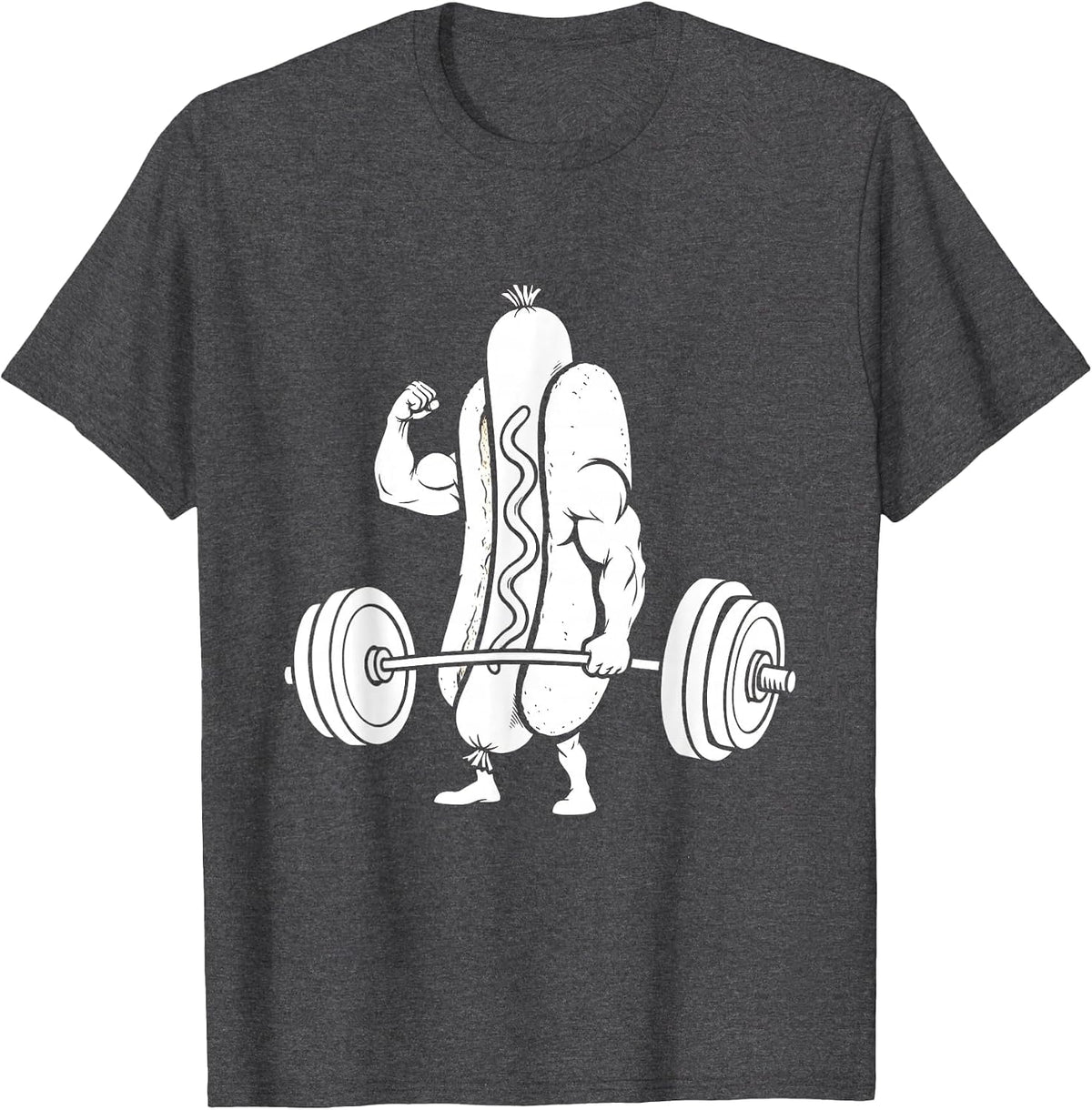 Funny Hot Dog Bicep Curl Weightlifting Graphic T-Shirt - Dark Heather Grey