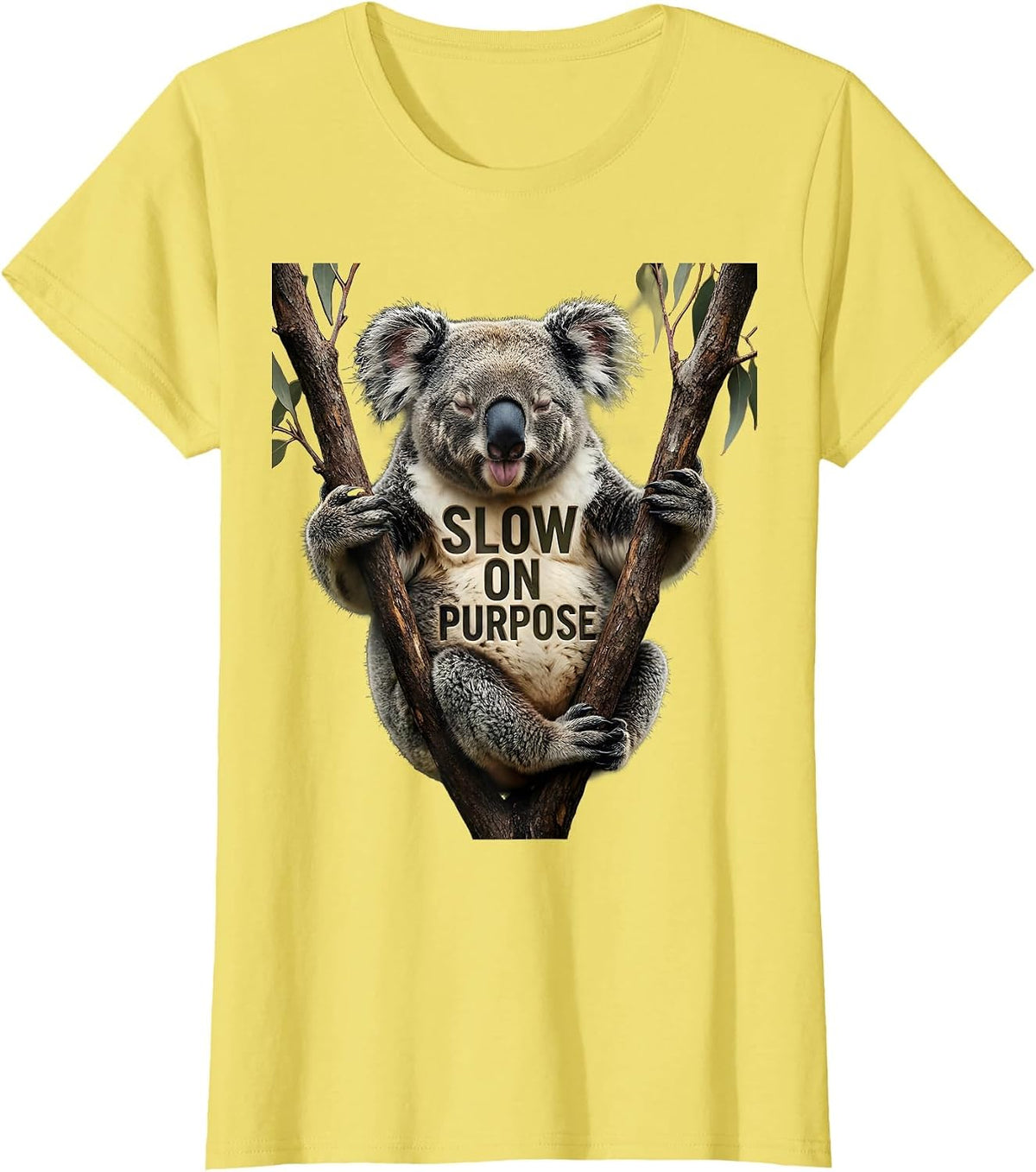 Women's Slow On Purpose Funny Koala Lover Animal Humor T-Shirt - Lemon Yellow