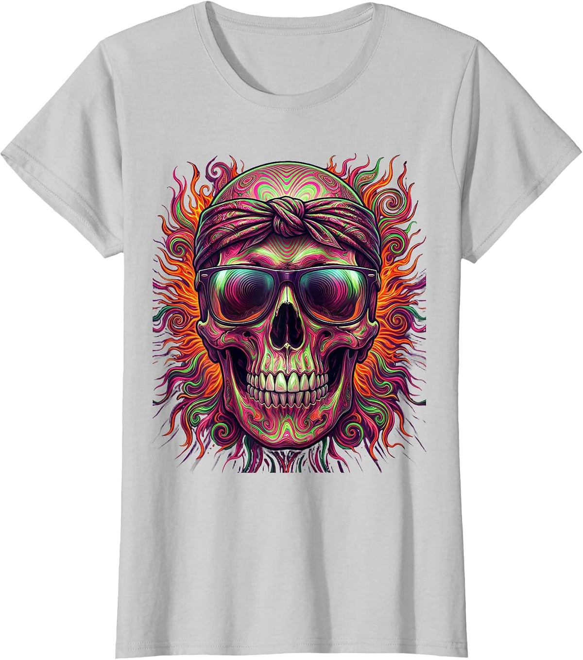 Vintage Rock Biker Skull Sunglasses Bandana Graphic T-Shirt - Silver Grey