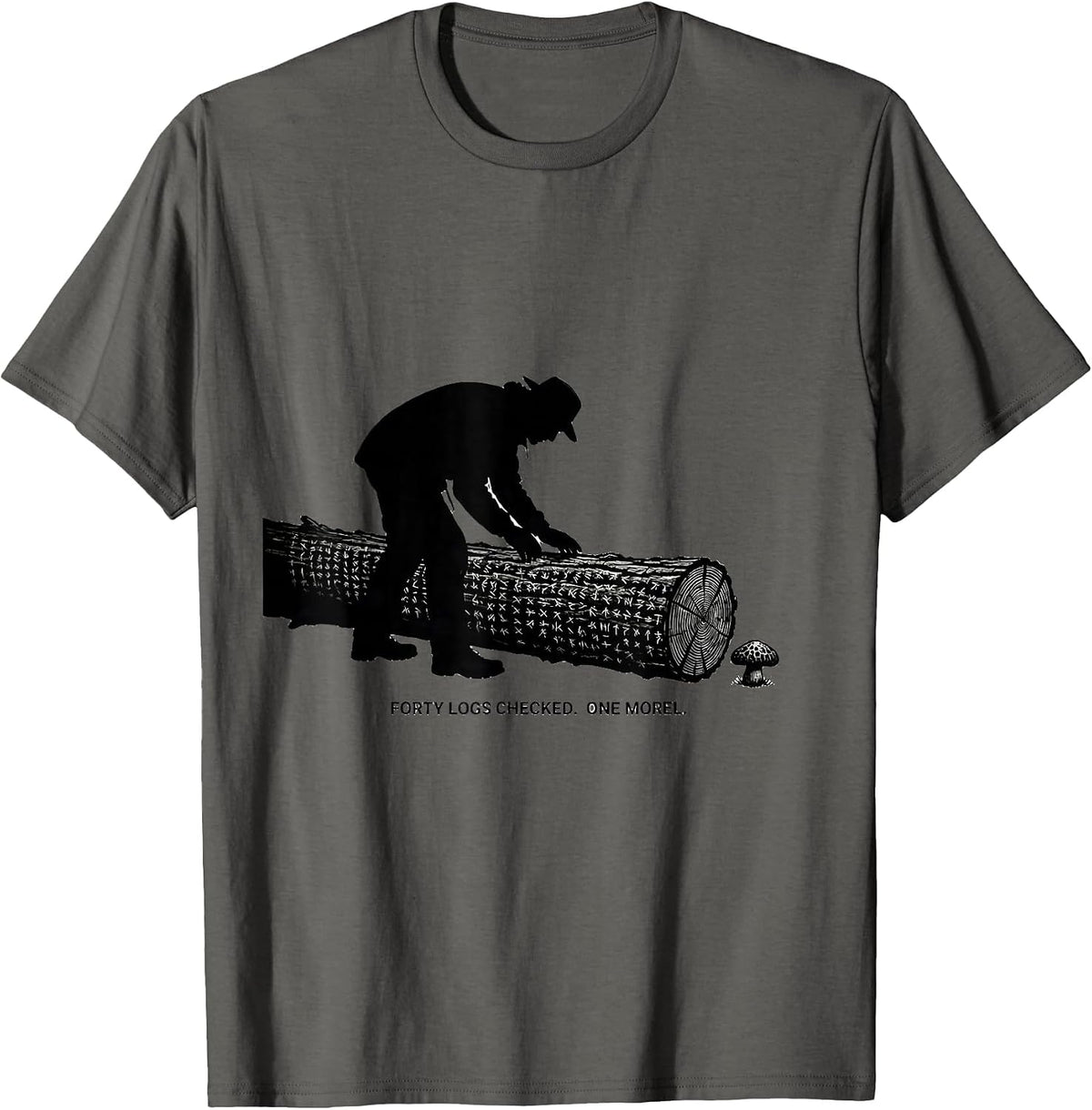 Men's Forty Logs Checked. One Morel. Funny Mushroom Forager Morel T-Shirt - Asphalt Grey