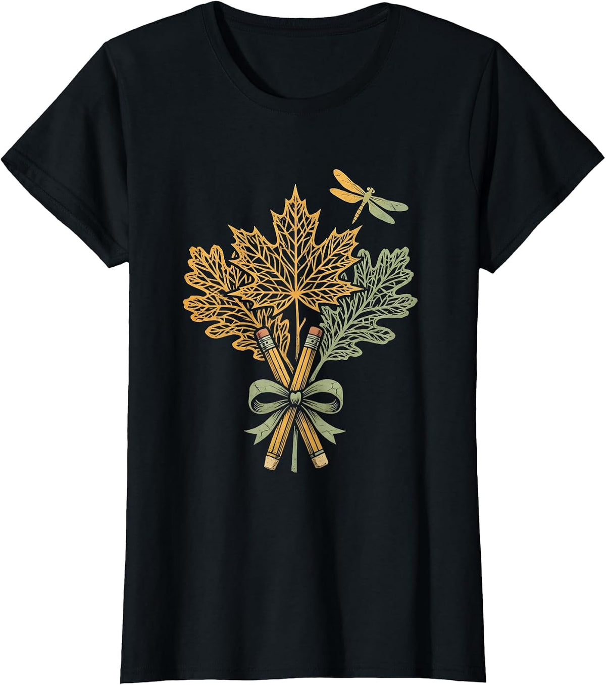 Fall Leaf Skeleton Pencil Art Teacher Design T-Shirt - Black