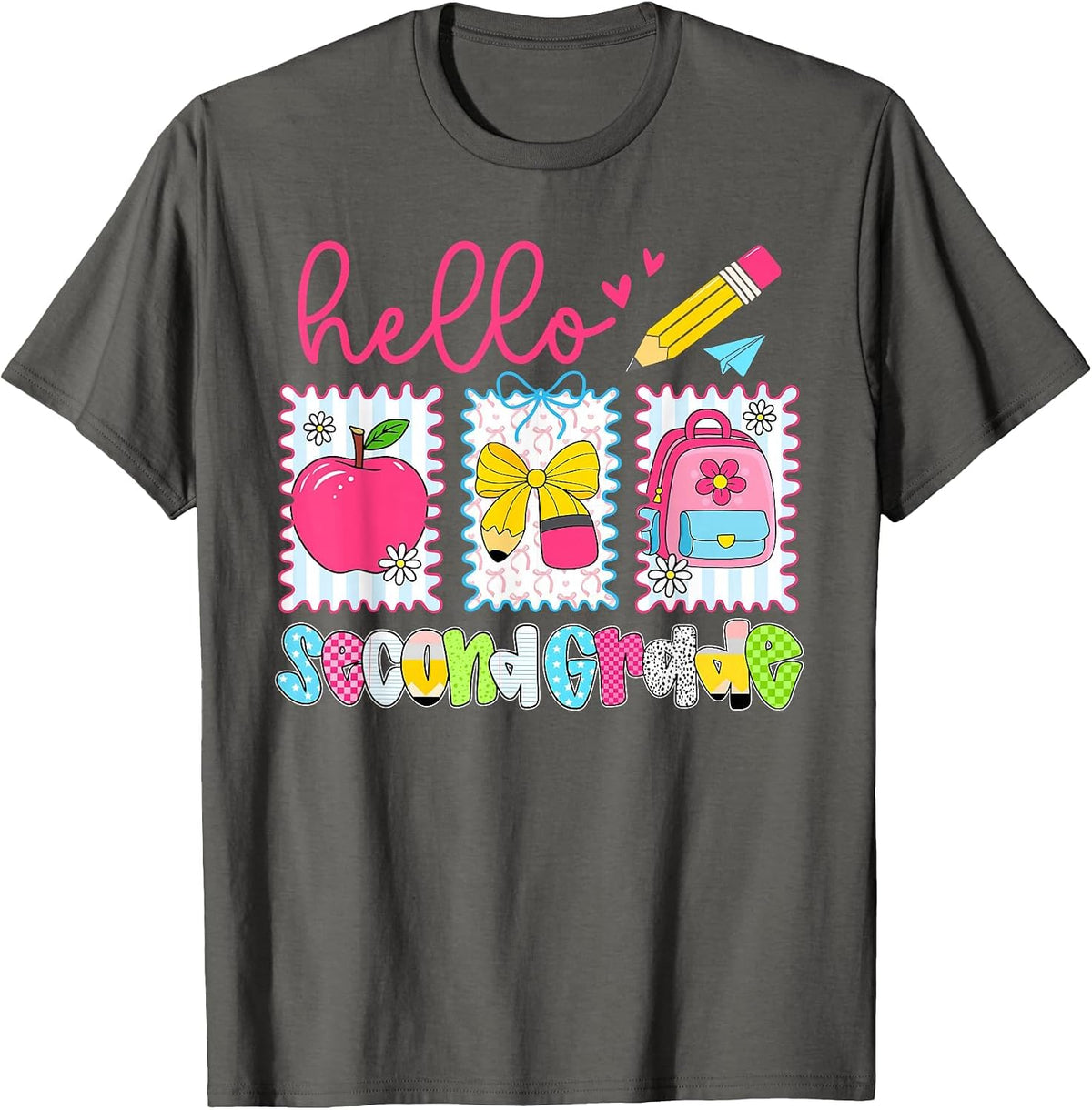 Preppy Hello Second Grade Team Back to School Teachers Kids T-Shirt, Men, Asphalt Grey, X-Large - As Pictured