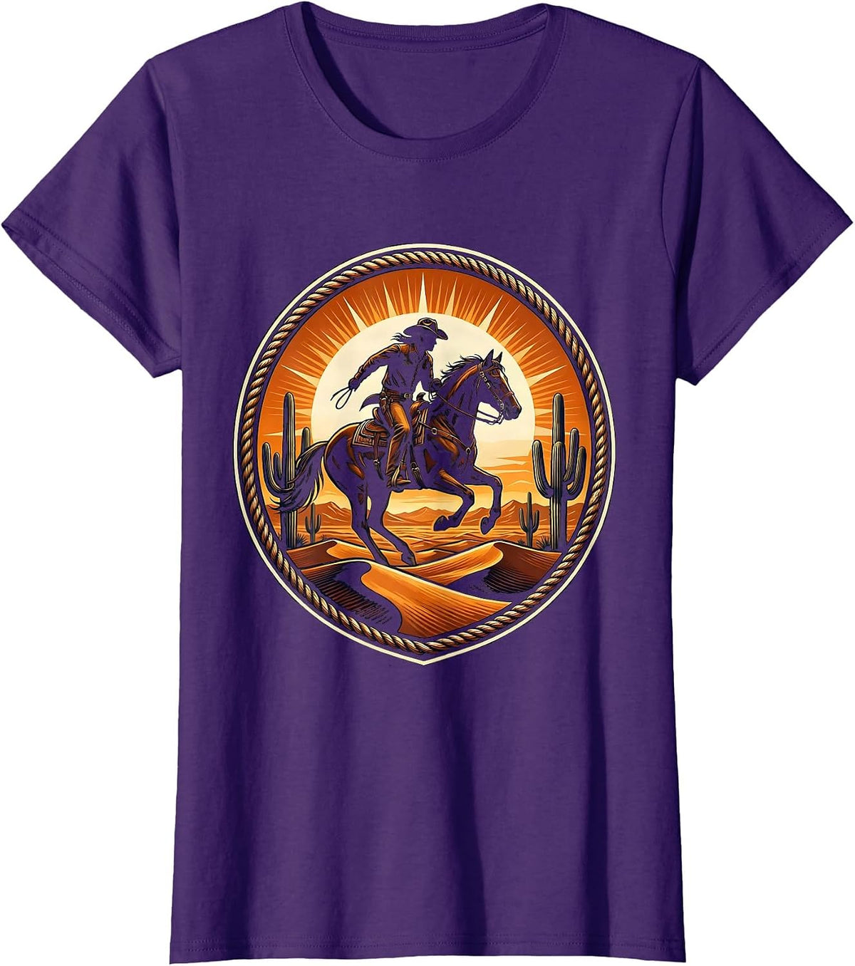 Women's Cowboy Riding Horse Desert Sunset Graphic T-Shirt - Purple