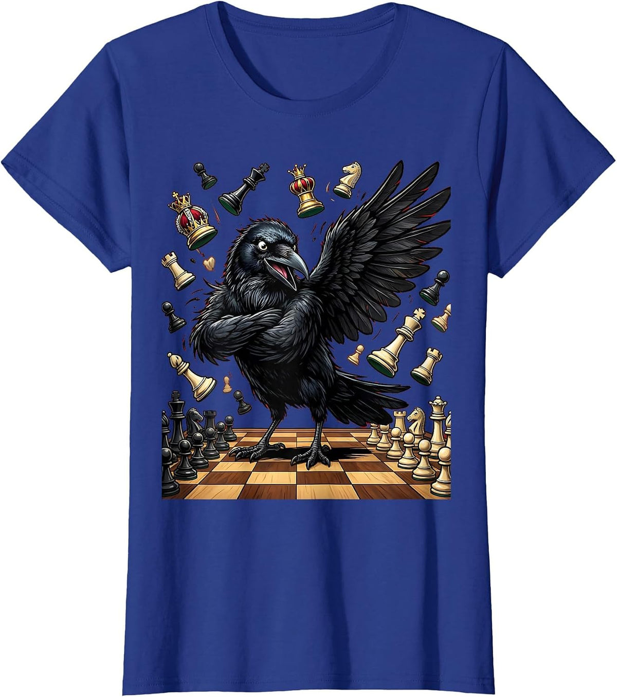 Women's Crow Knocking Chess Pieces Off Board T-Shirt - Royal Blue