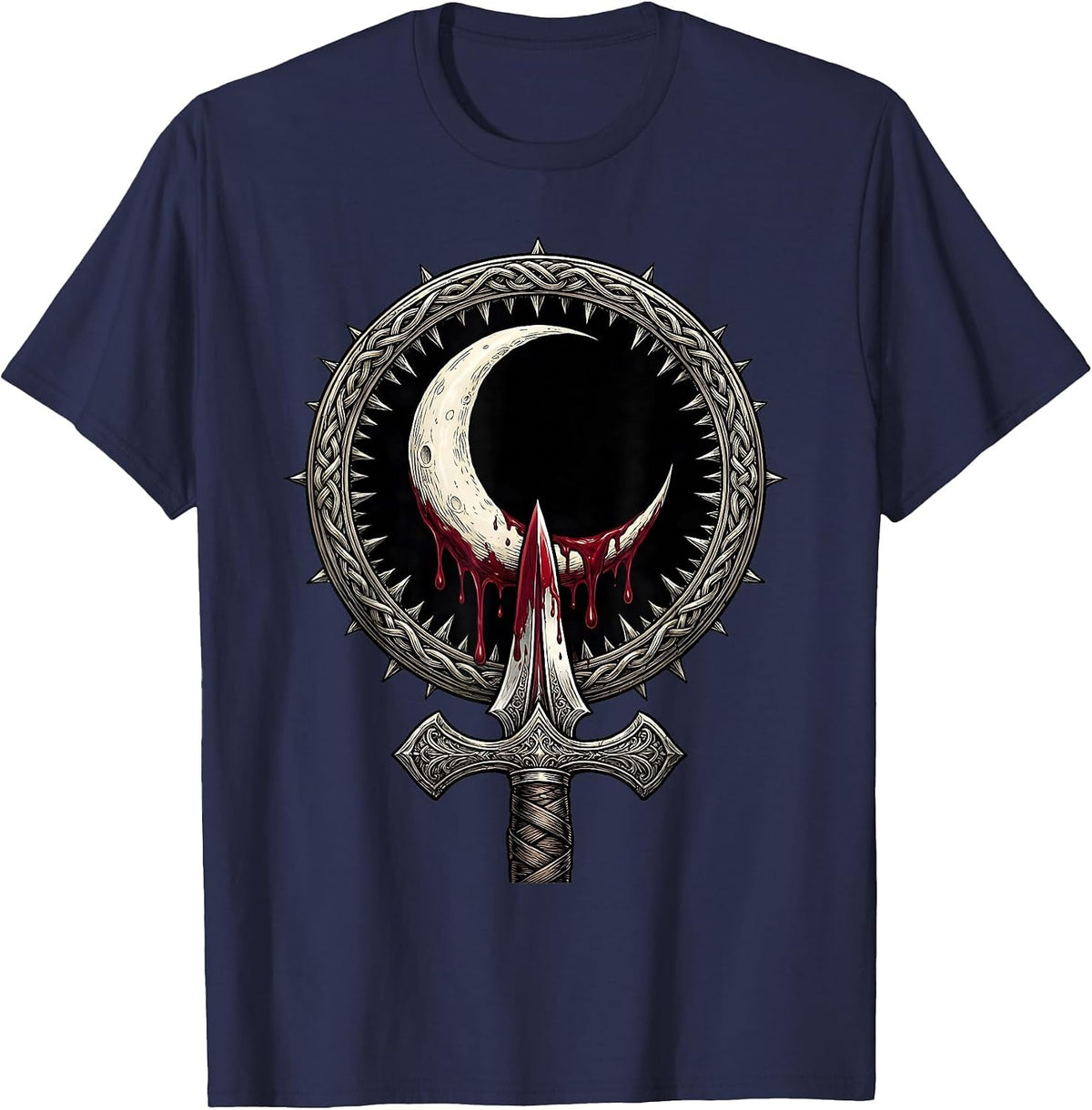 Men's Crescent Moon Blood Dagger Dark Heavy Metal Art T-Shirt - Navy Blue