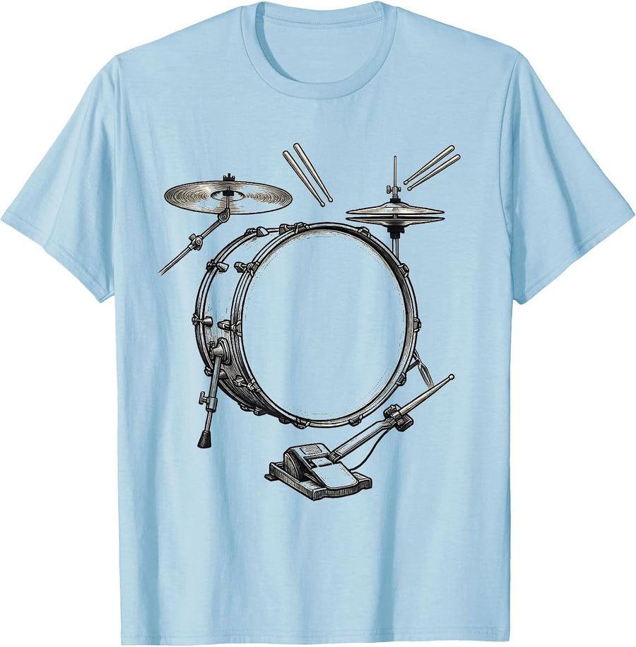 Men's Drum Kit Line Art Funny Drummer Percussionist Gift T-Shirt - Baby Blue
