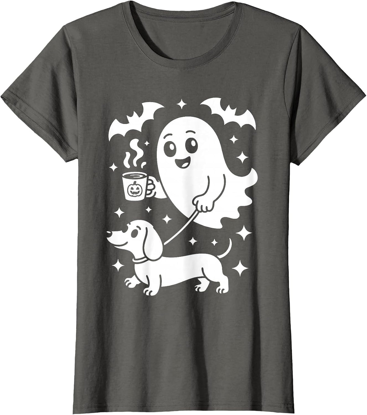 Cute Ghost Walking Dog Dachshund Coffee Halloween Costume T-Shirt - Asphalt Grey