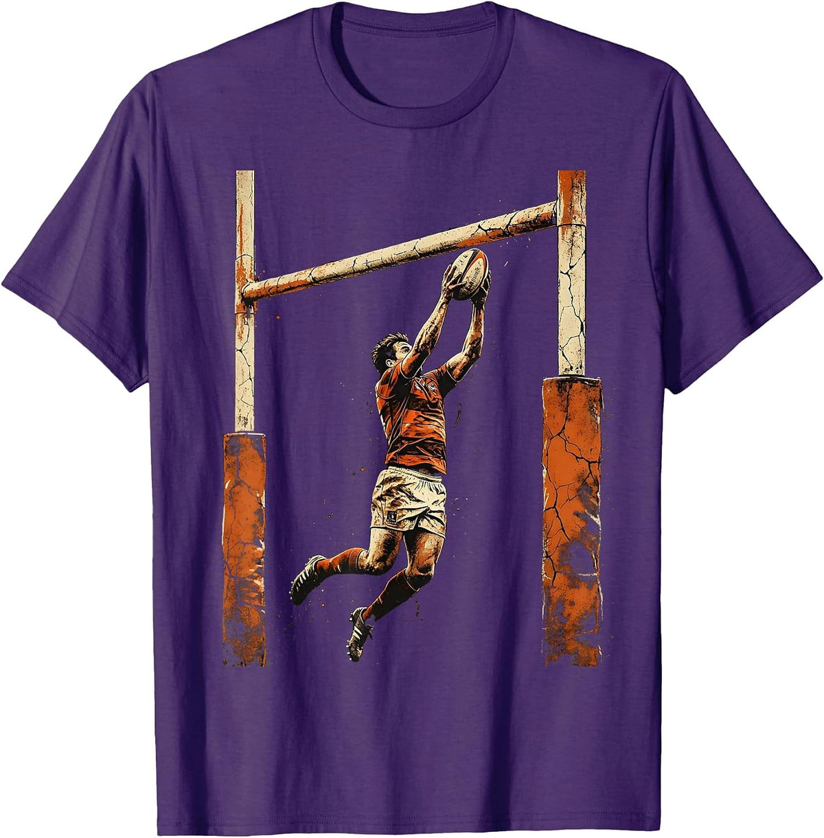 Men's Rugby High Ball Catch Under the Posts Illustration T-Shirt - Purple